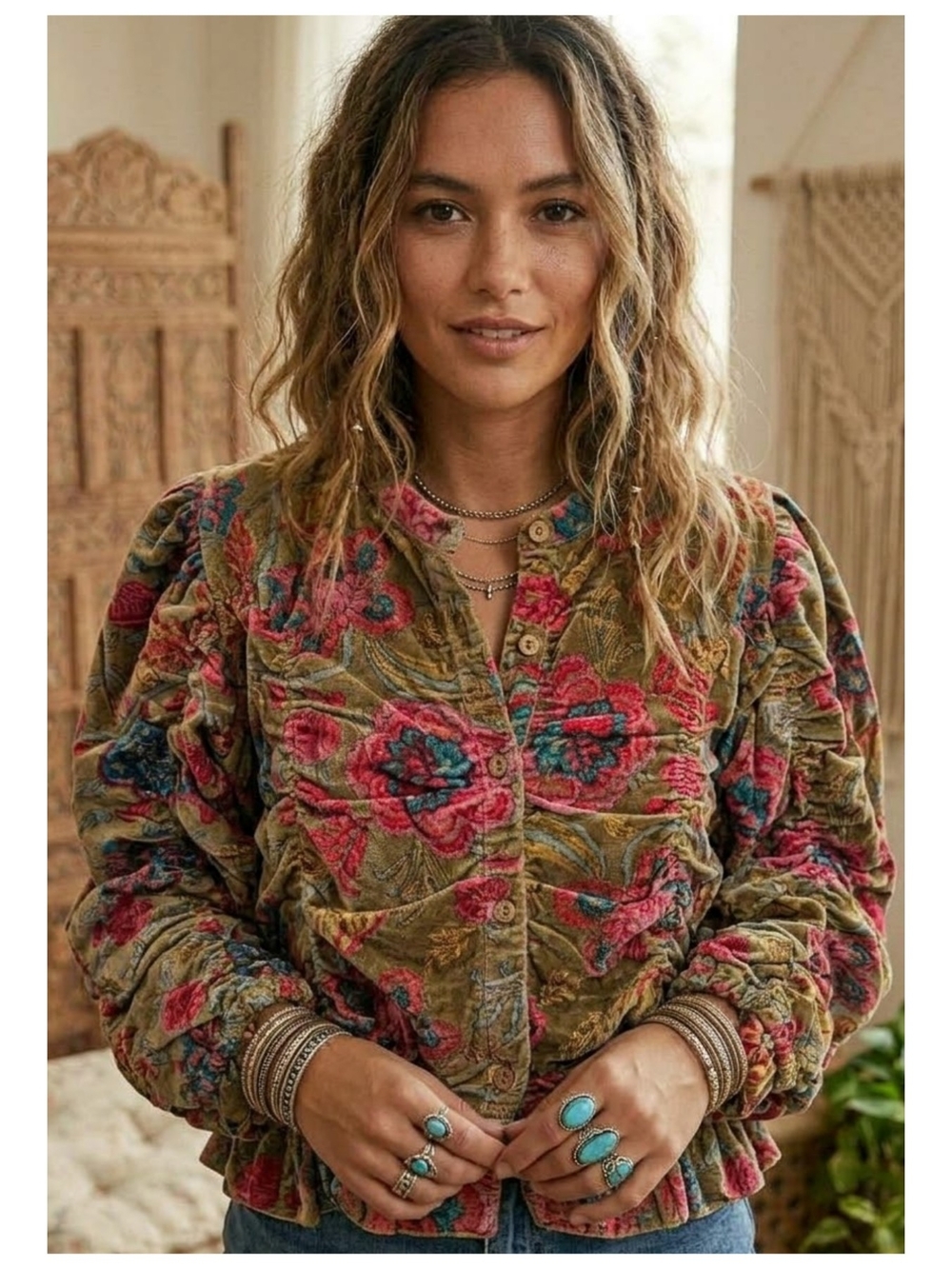 Quilted Floral Button-Front Jacket in Olive with Pink Accents